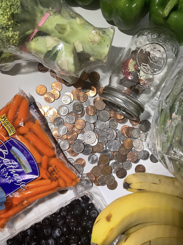 Collection of money and foods.