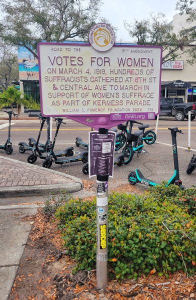 A sign informing viewers of the 19th amendment, which allowed women to vote in America